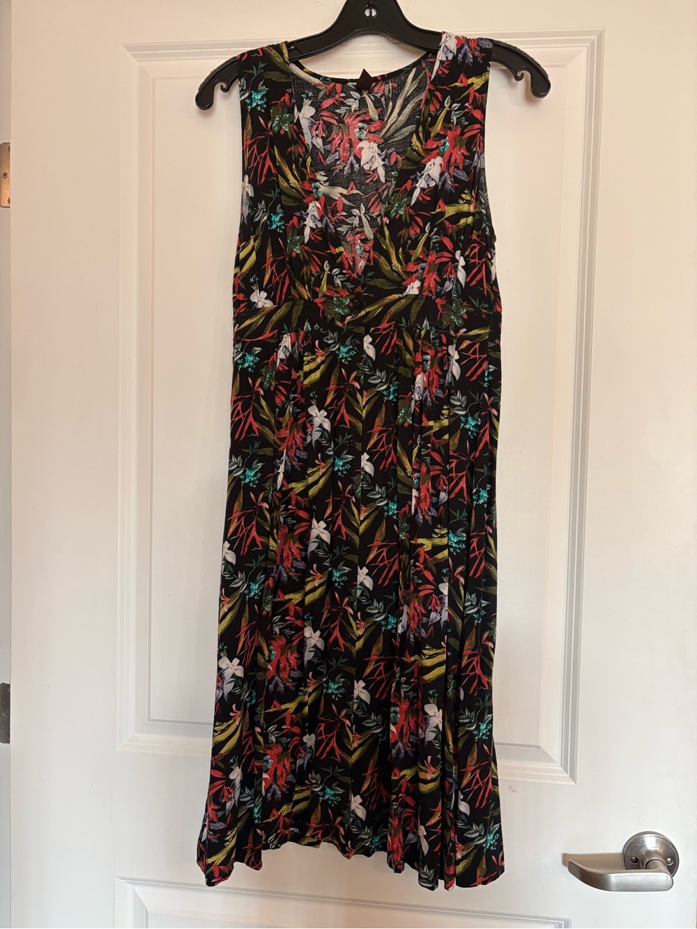 Black Floral Midi Dress with V-Neck